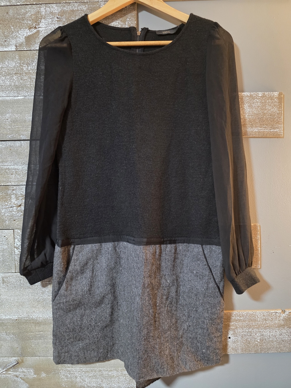 THML Black and Gray Long Sleeve Mixed-Media Dress